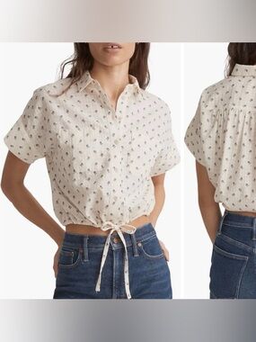 NWT Madewell Cream Printed Tie Front Cropped Button Shirt Size M